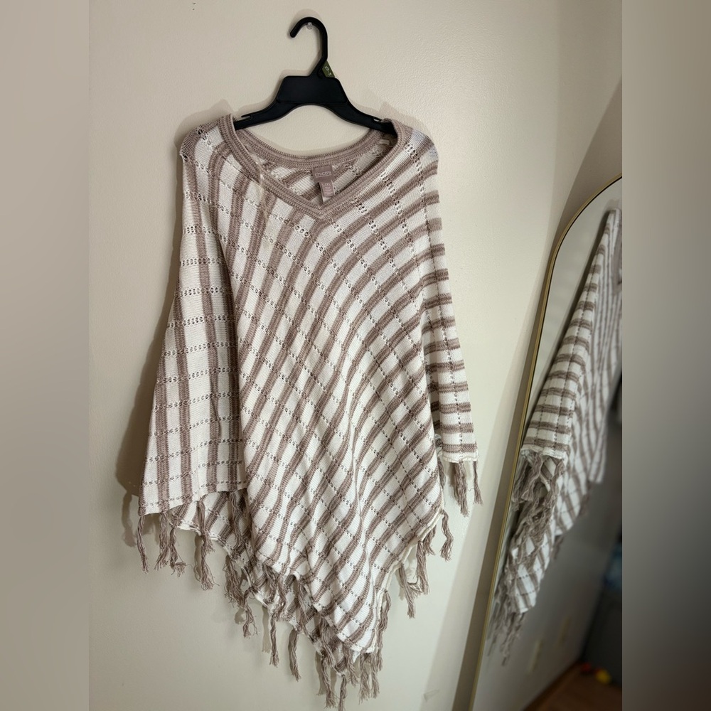 CStriped Knit Poncho with Fringe